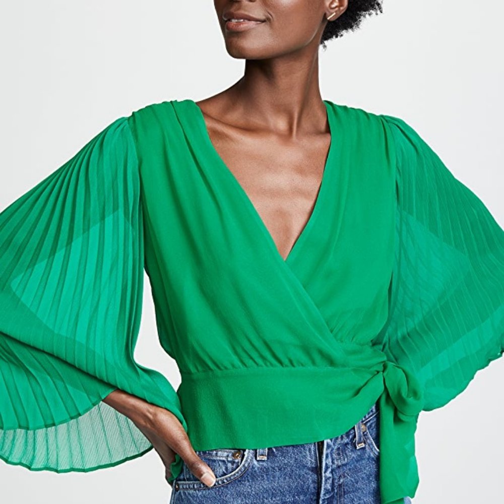 Alice + Olivia Bray Pleat Sleeve Wrap Top, Medium